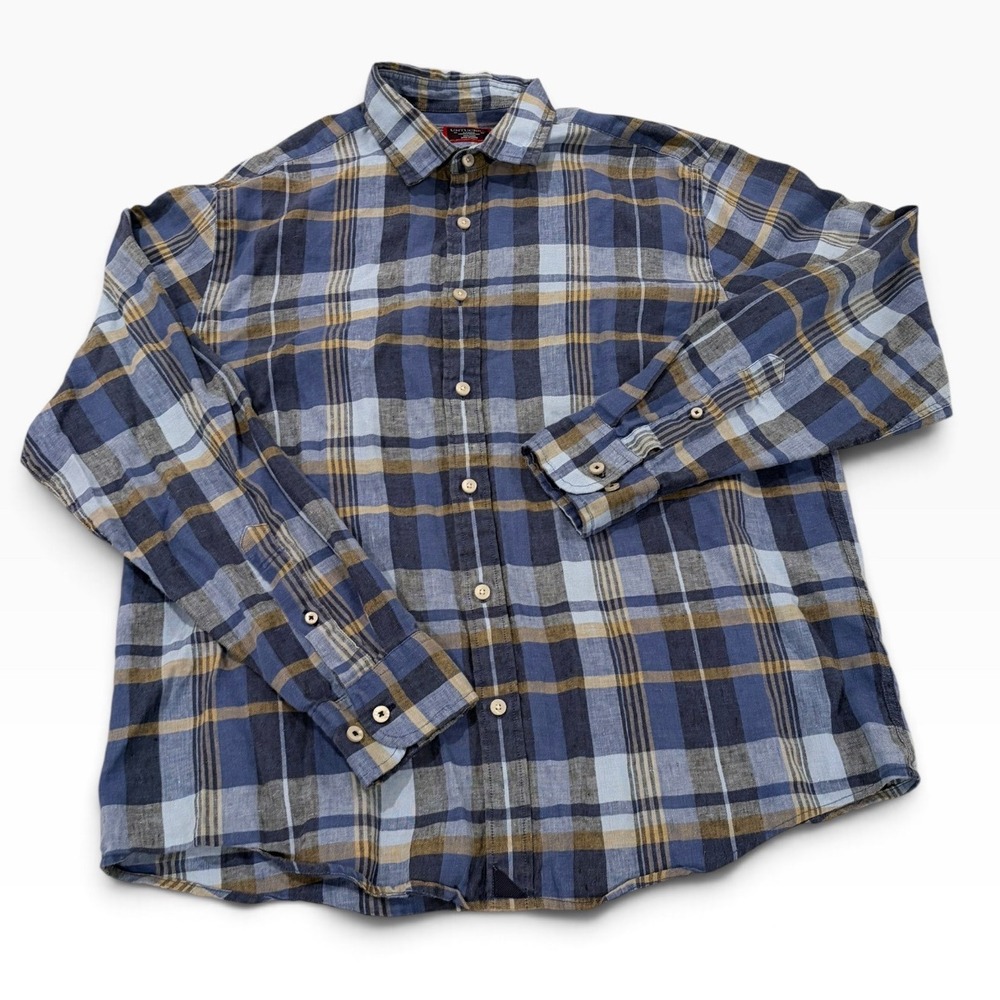 UNTUCKit Mens Large 100% Linen Blue Plaid Wrinkle Resistant Button Down Shirt